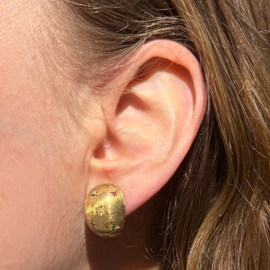 RARE Vintage 1970’s 14K Celestial Florentine bombe earrings set with Natural Rubies, Sapphires, Emeralds and Diamonds.