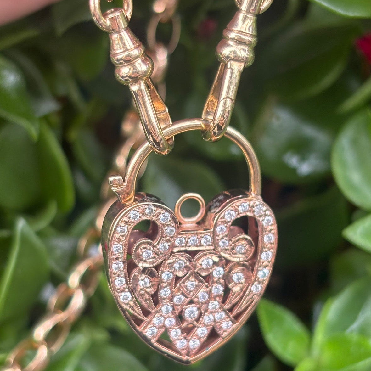 9CT yellow solid gold oval link albert chain with XL natural Diamond heart Padlock.