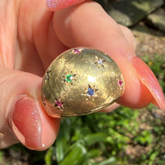RARE Vintage 1970’s 14K Celestial Florentine bombe ring set with Natural Rubies, Sapphires, Emeralds and Diamonds
