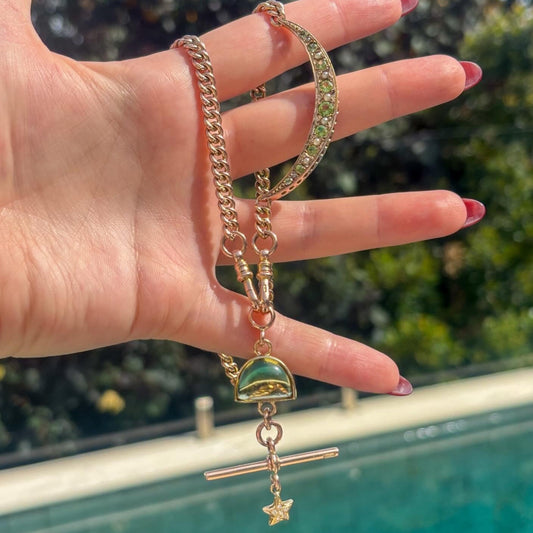 Custom 9K celestial Albert with Peridot, Pearls and Diamonds