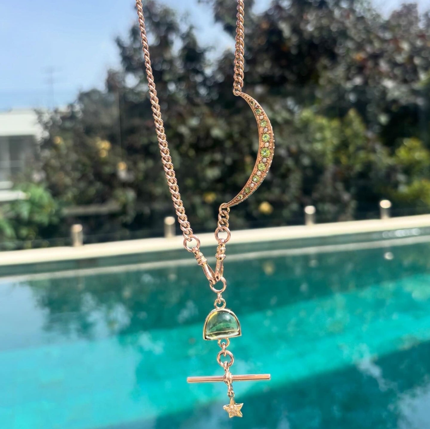 Custom 9K celestial Albert with Peridot, Pearls and Diamonds
