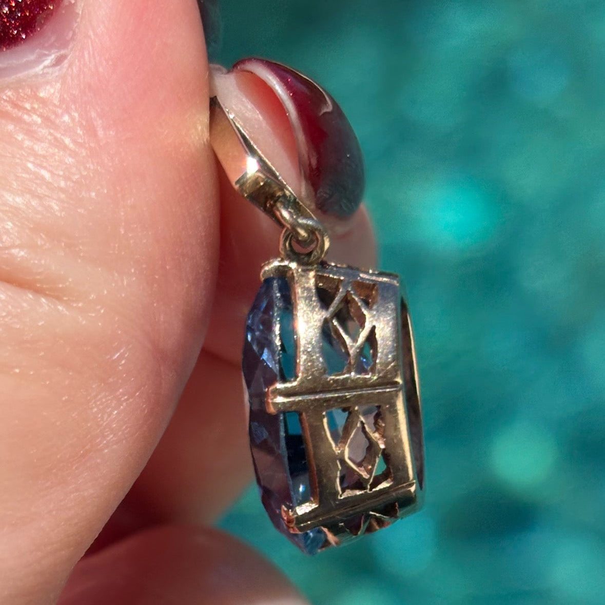 Vintage 8K Large Blue created Spinel pendant