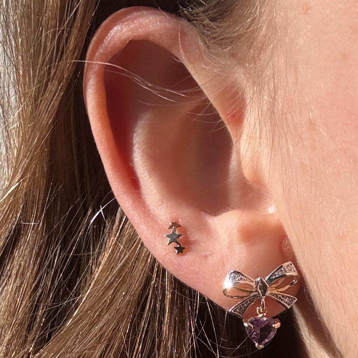 Vintage 90’s British 9K Diamond bow earrings with dangling Amethyst heart