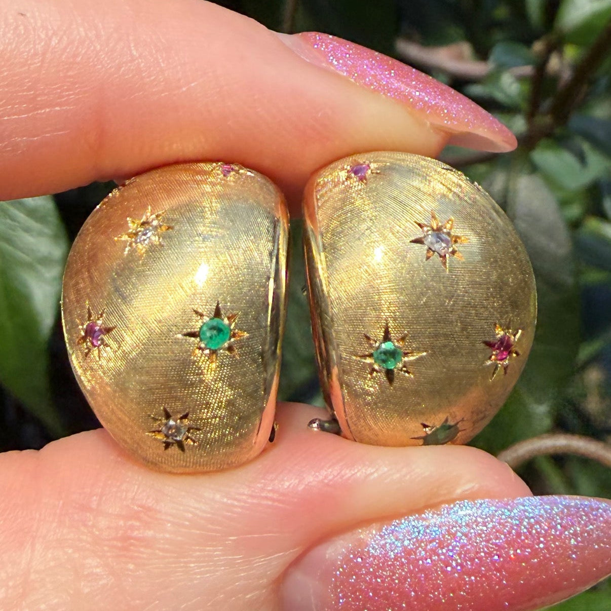 RARE Vintage 1970’s 14K Celestial Florentine bombe earrings set with Natural Rubies, Sapphires, Emeralds and Diamonds.