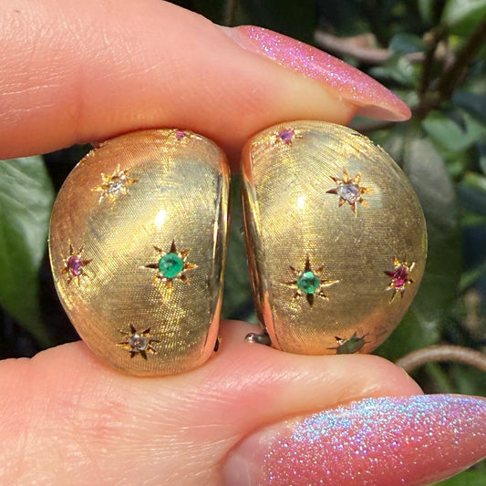 RARE Vintage 1970’s 14K Celestial Florentine bombe earrings set with Natural Rubies, Sapphires, Emeralds and Diamonds.