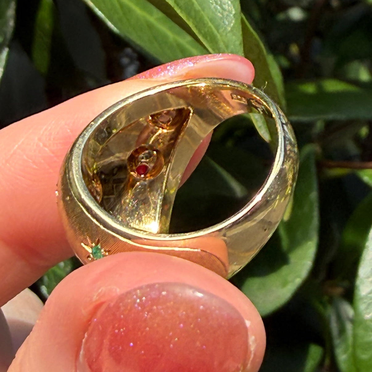 RARE Vintage 1970’s 14K Celestial Florentine bombe ring set with Natural Rubies, Sapphires, Emeralds and Diamonds