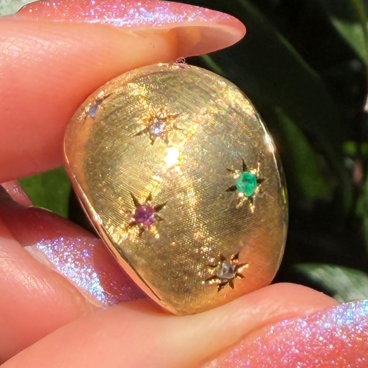 RARE Vintage 1970’s 14K Celestial Florentine bombe earrings set with Natural Rubies, Sapphires, Emeralds and Diamonds.