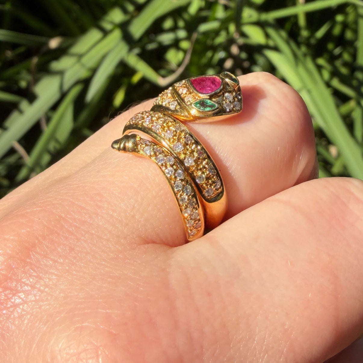 Vintage 18CT Diamond, Emerald, Ruby Coiled snake ring