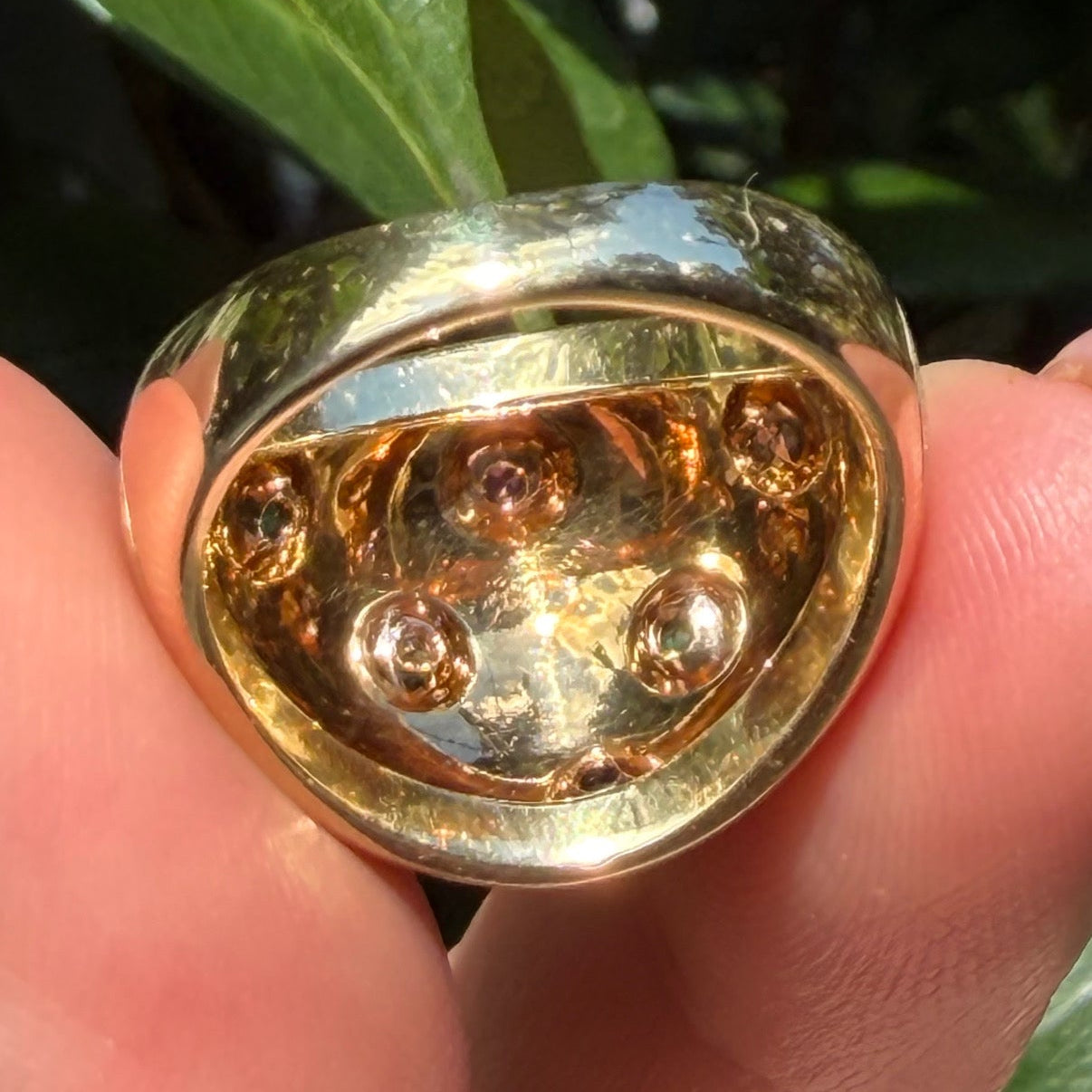 RARE Vintage 1970’s 14K Celestial Florentine bombe ring set with Natural Rubies, Sapphires, Emeralds and Diamonds