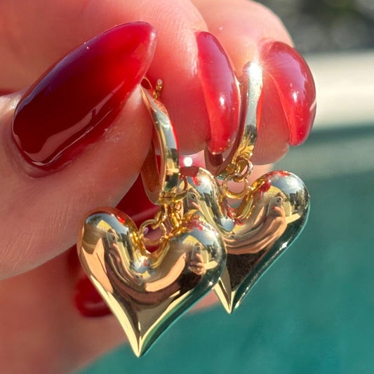 NEW 18CT dainty bailed dangling puffy heart earrings