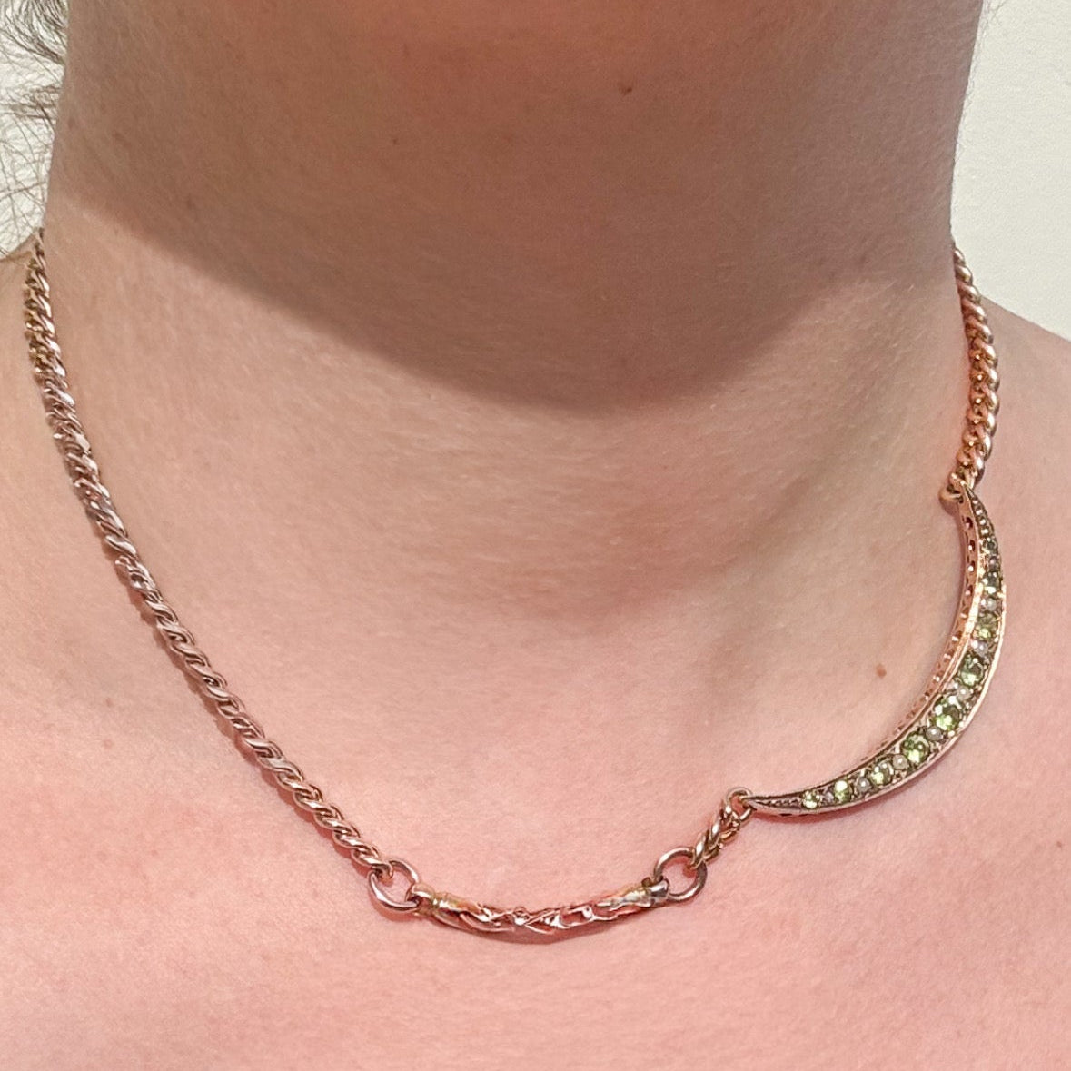 Custom 9K celestial Albert with Peridot, Pearls and Diamonds