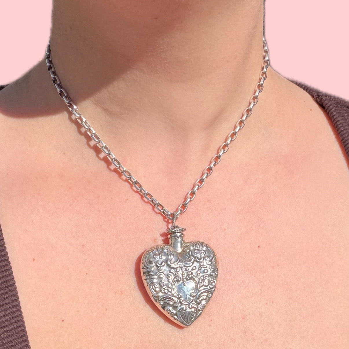Vintage Victorian style XL repoussé sterling silver heart perfume bottle pendant