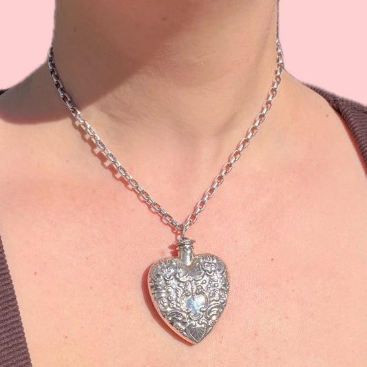 Vintage Victorian style XL repoussé sterling silver heart perfume bottle pendant