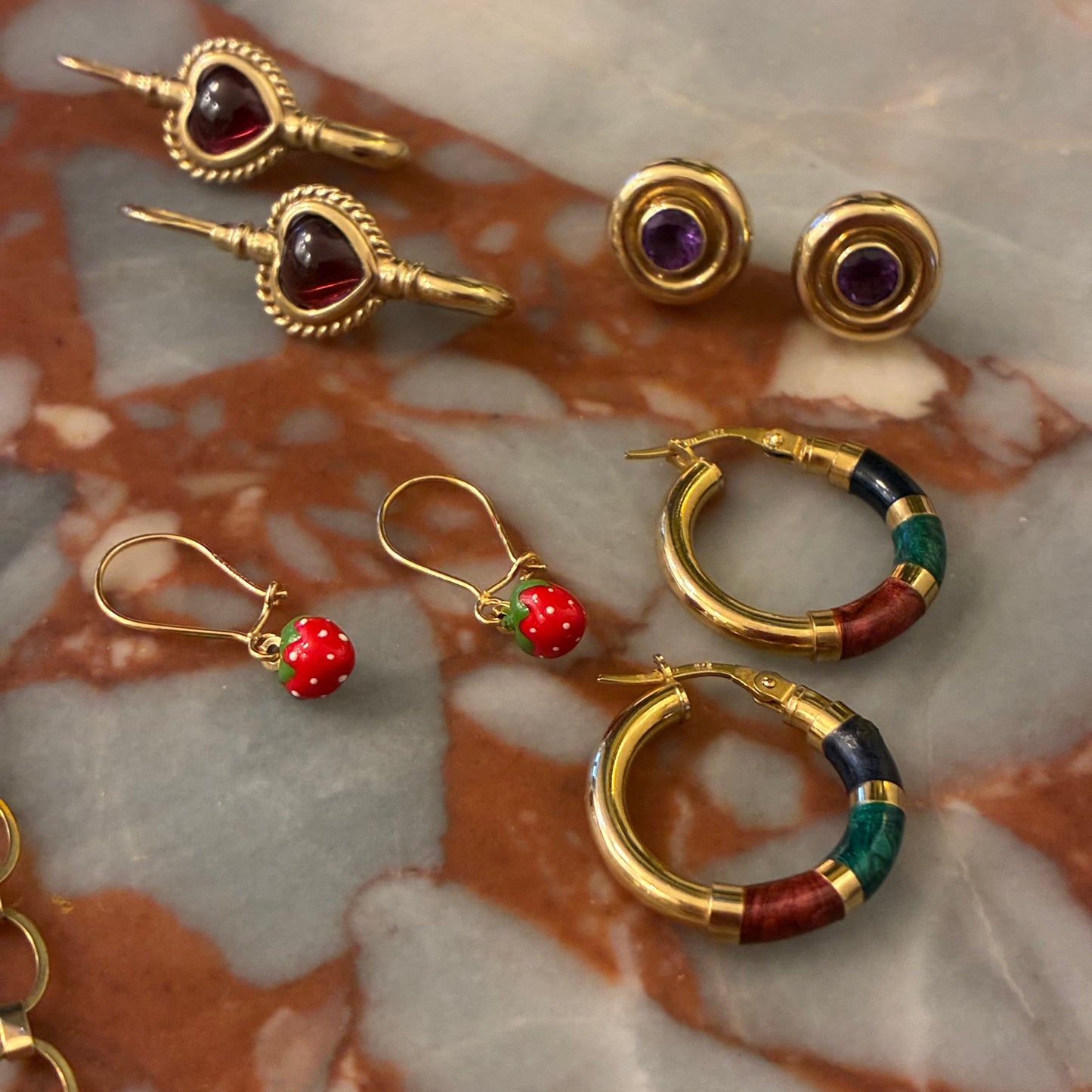 16K yellow gold and enamel strawberry earrings