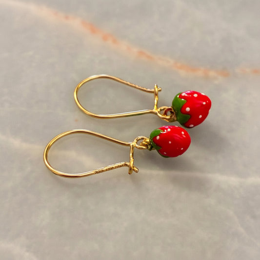 16K yellow gold and enamel strawberry earrings