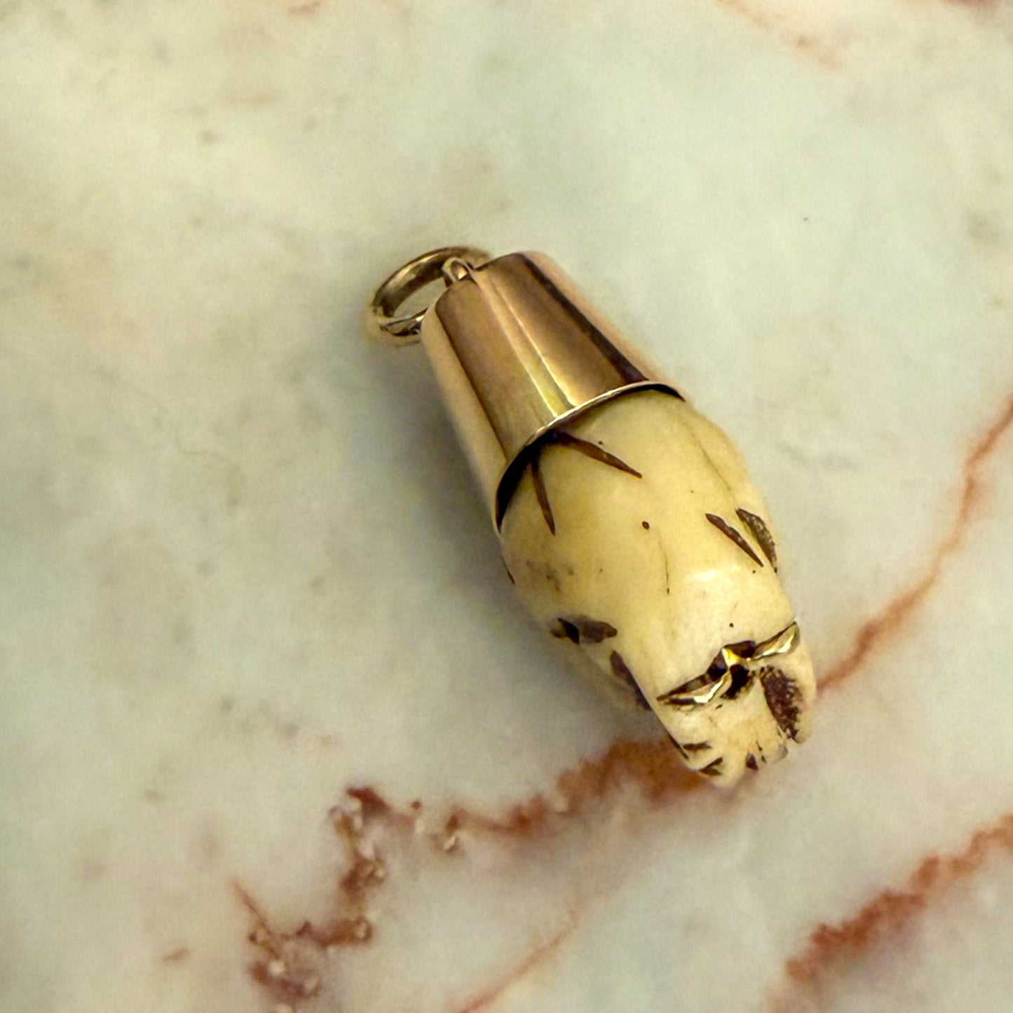 Rare Antique Victorian 10CT and carved bone skull fob pendant