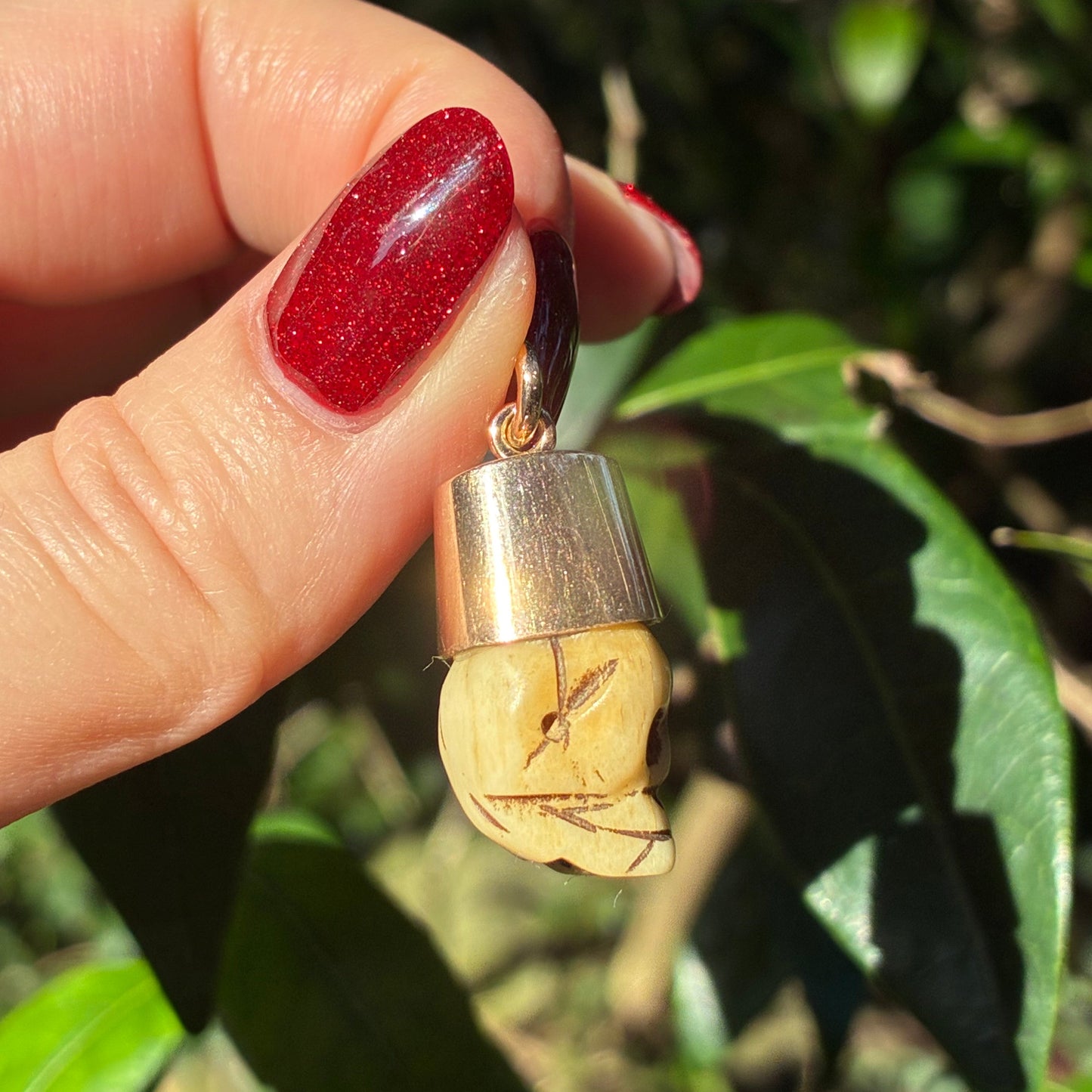 Rare Antique Victorian 10CT and carved bone skull fob pendant