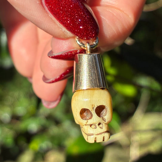 Rare Antique Victorian 10CT and carved bone skull fob pendant