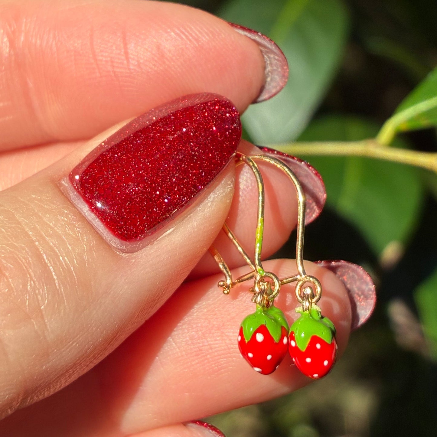 16K yellow gold and enamel strawberry earrings