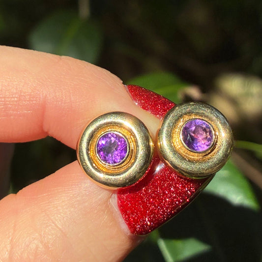 Vintage 9CT large ridged Amethyst studs