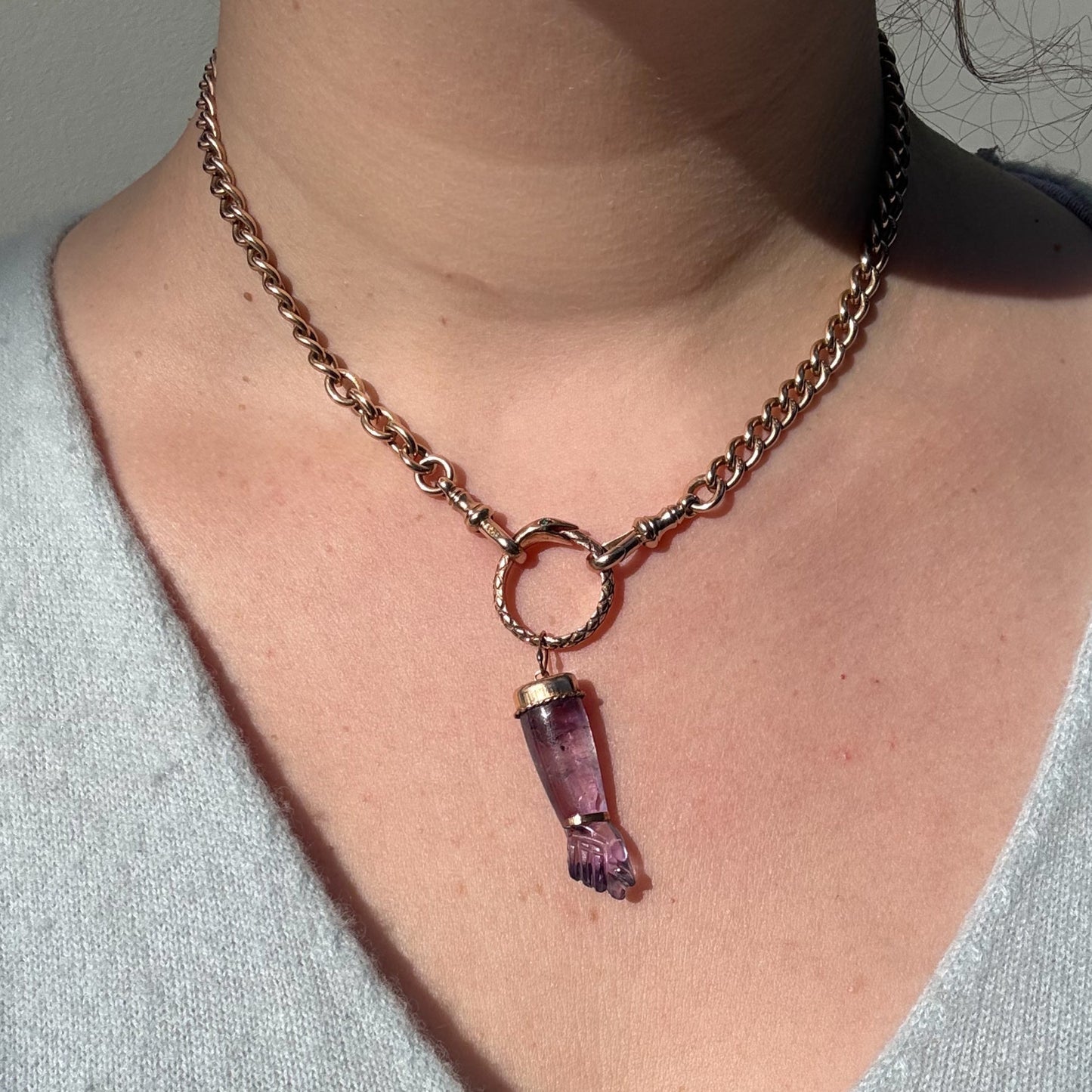 Vintage Large 14K Natural Amethyst Mano Figa pendant