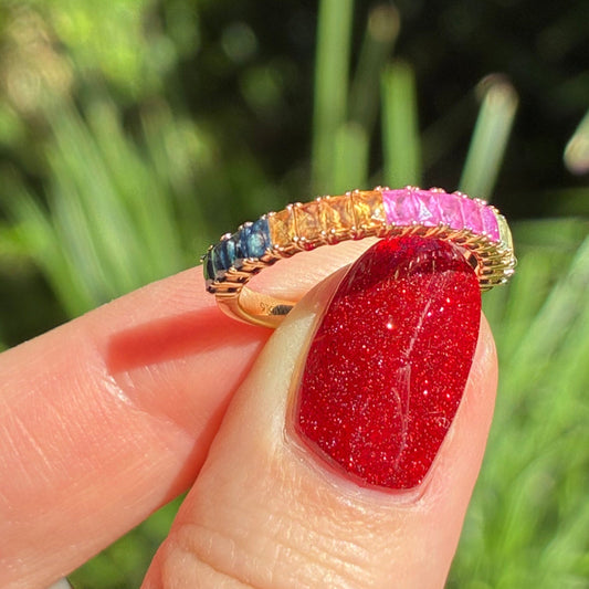 9K Yellow Gold Rainbow Natural Sapphire stacker band