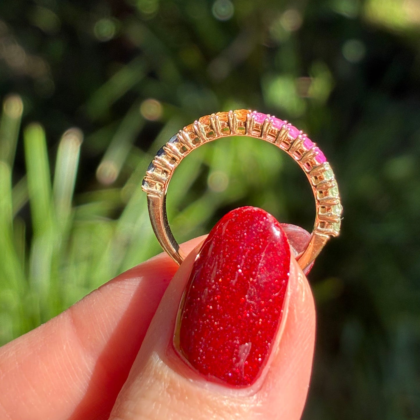9K Yellow Gold Rainbow Natural Sapphire stacker band