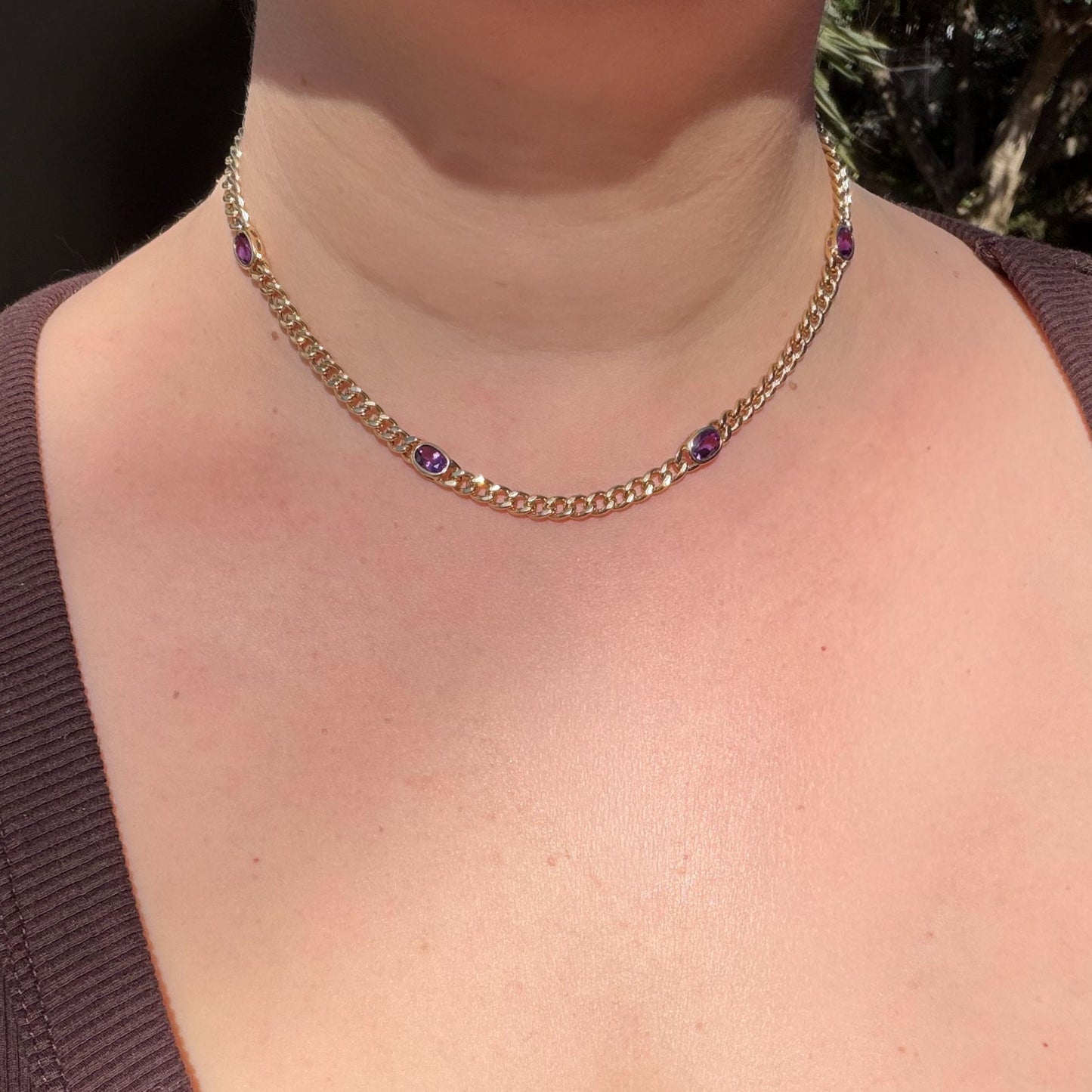 Vintage 14K curb chain bezel set with five oval cut Amethyst