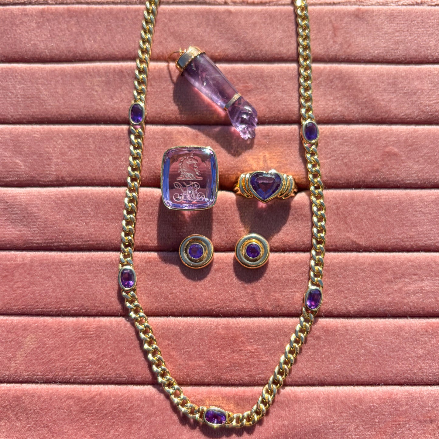 Vintage 14K curb chain bezel set with five oval cut Amethyst