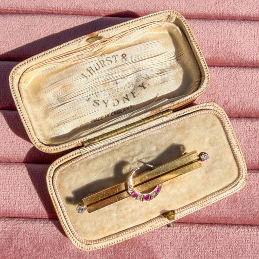 Boxed Antique Edwardian 15CT crescent moon brooch with Diamonds and Rubies