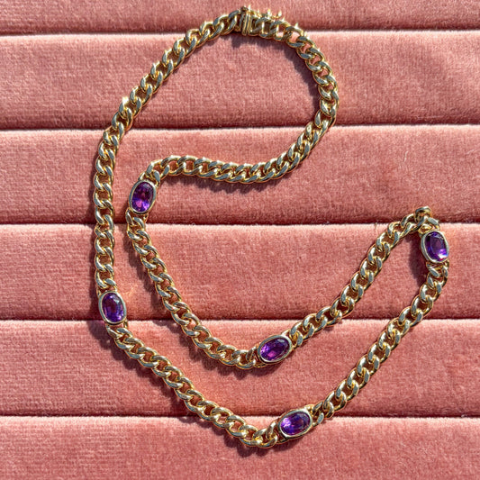 Vintage 14K curb chain bezel set with five oval cut Amethyst
