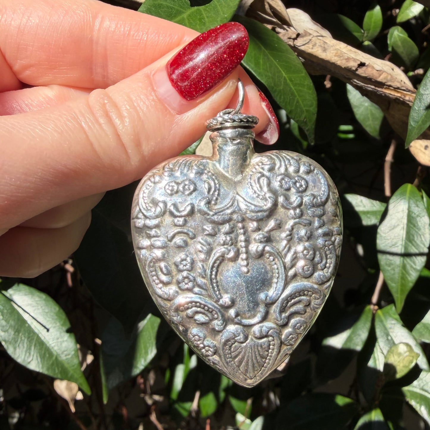 Vintage Victorian style XL repoussé sterling silver heart perfume bottle pendant