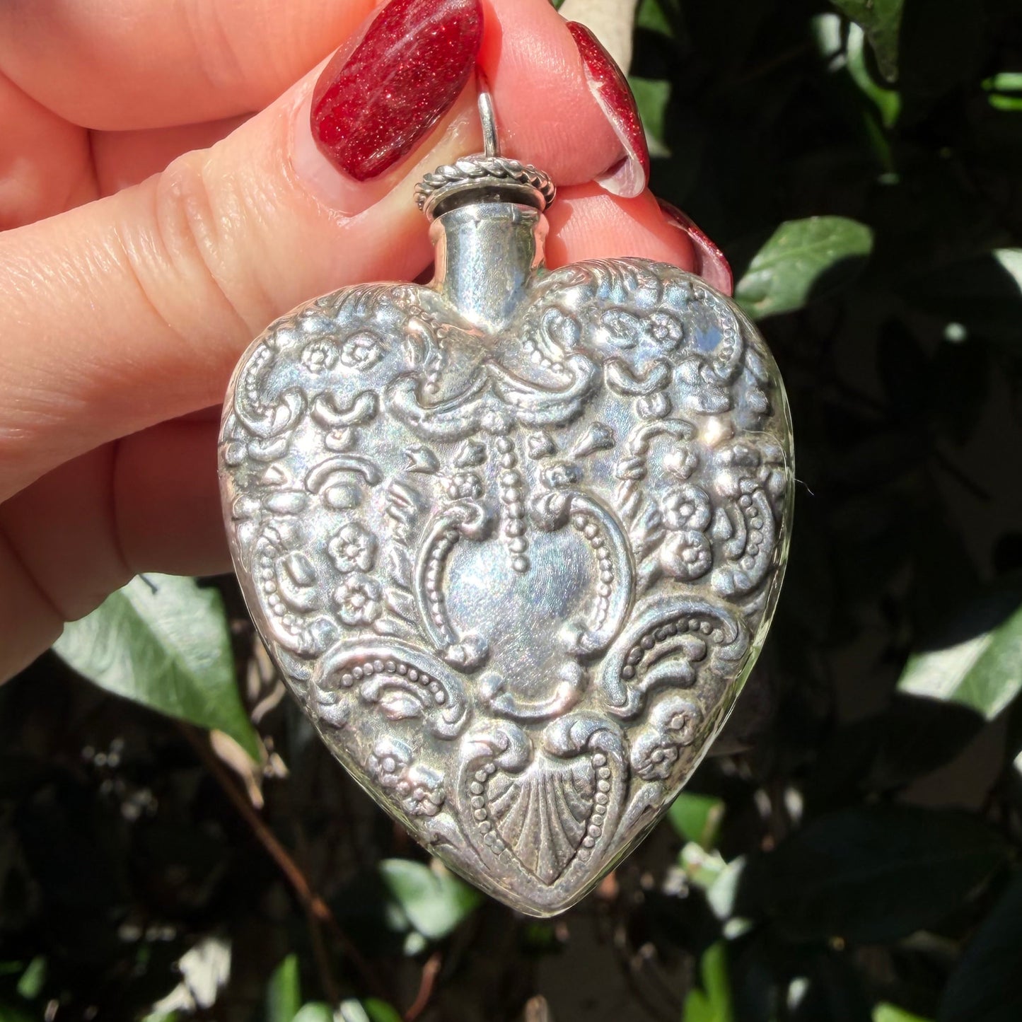 Vintage Victorian style XL repoussé sterling silver heart perfume bottle pendant