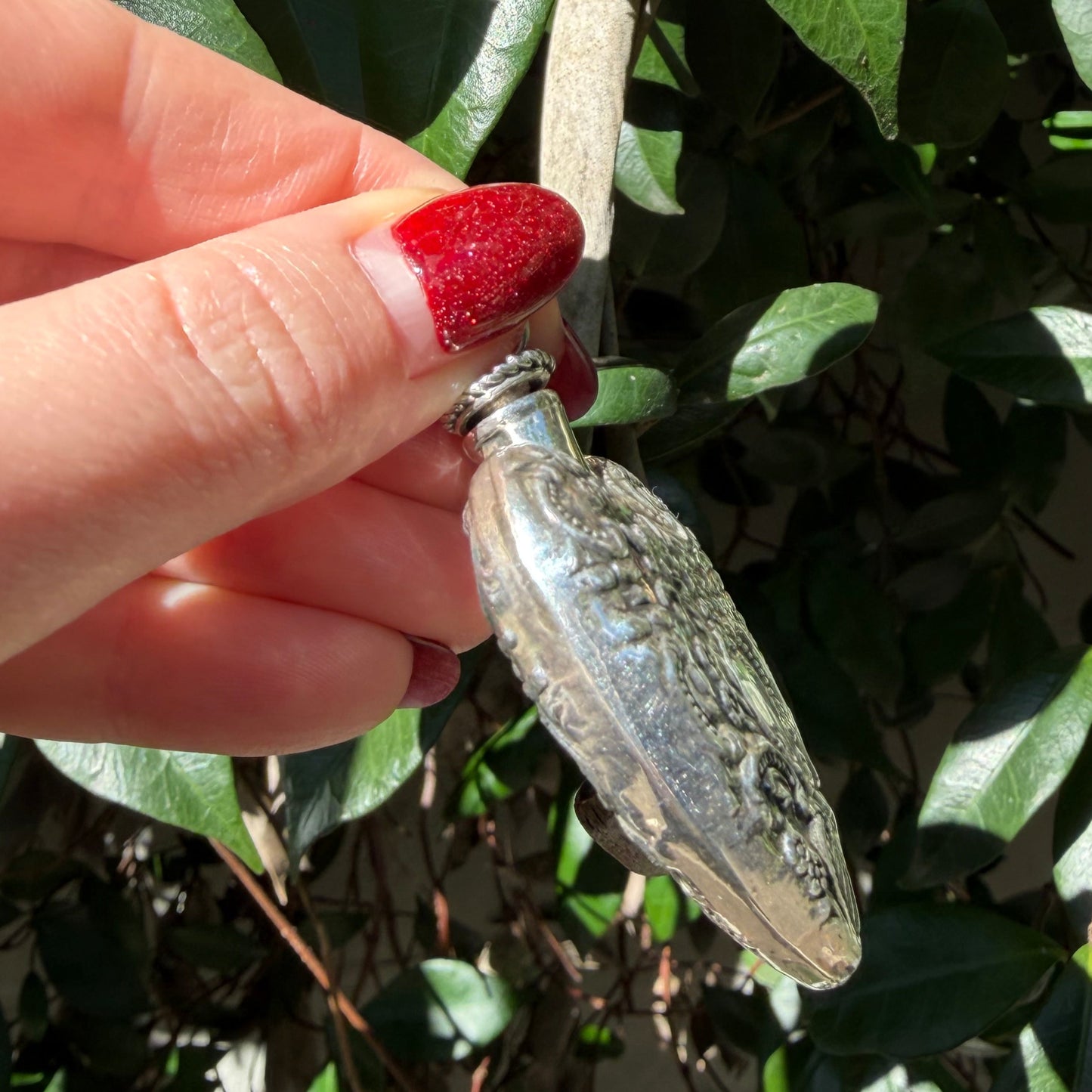 Vintage Victorian style XL repoussé sterling silver heart perfume bottle pendant