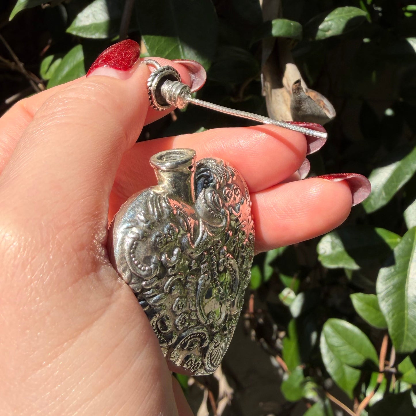 Vintage Victorian style XL repoussé sterling silver heart perfume bottle pendant