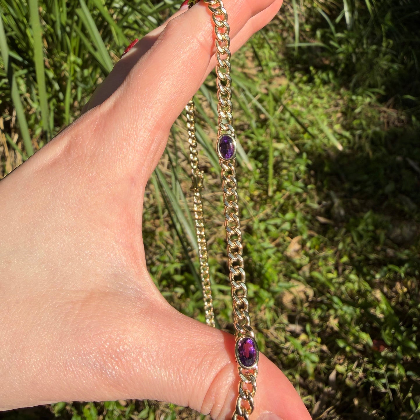 Vintage 14K curb chain bezel set with five oval cut Amethyst