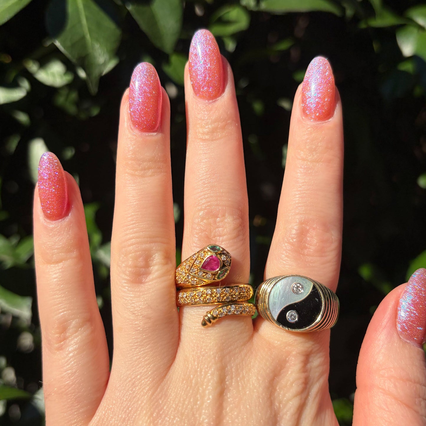 Vintage 18CT Diamond, Emerald, Ruby Coiled snake ring