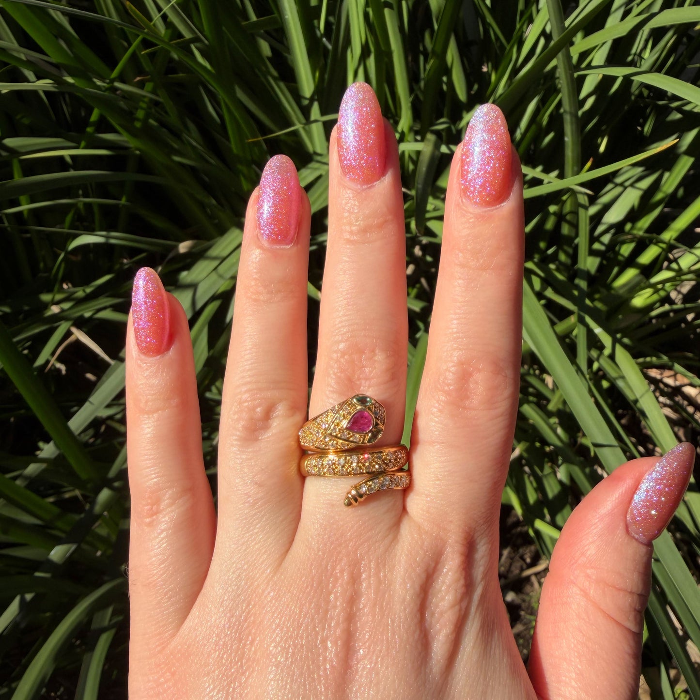 Vintage 18CT Diamond, Emerald, Ruby Coiled snake ring