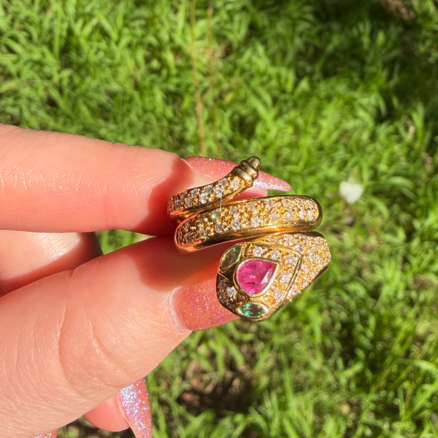 Vintage 18CT Diamond, Emerald, Ruby Coiled snake ring