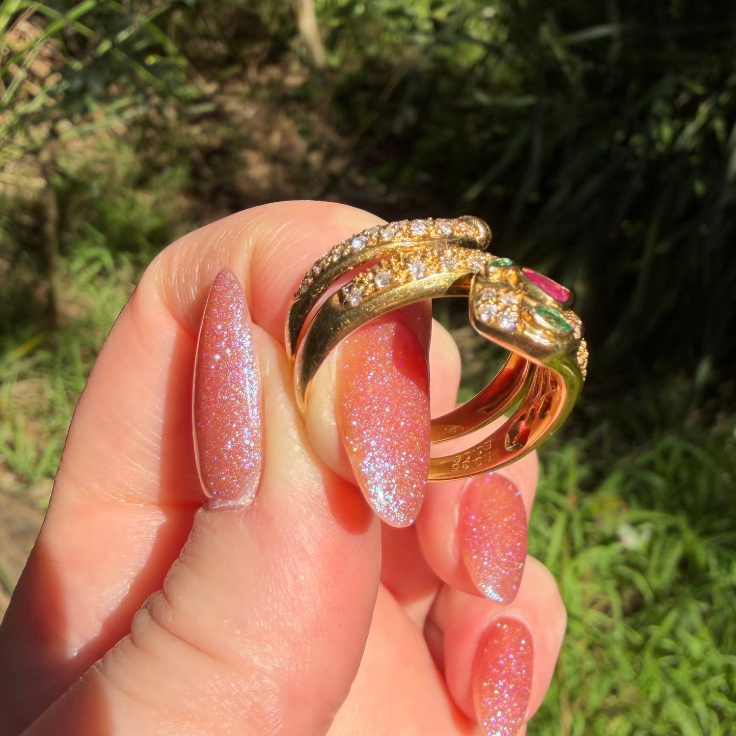 Vintage 18CT Diamond, Emerald, Ruby Coiled snake ring