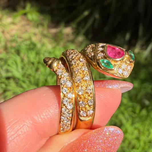 Vintage 18CT Diamond, Emerald, Ruby Coiled snake ring
