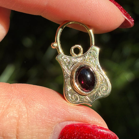 Antique RARE 9CT, hand engraved shield padlock with Garnet Cabochon