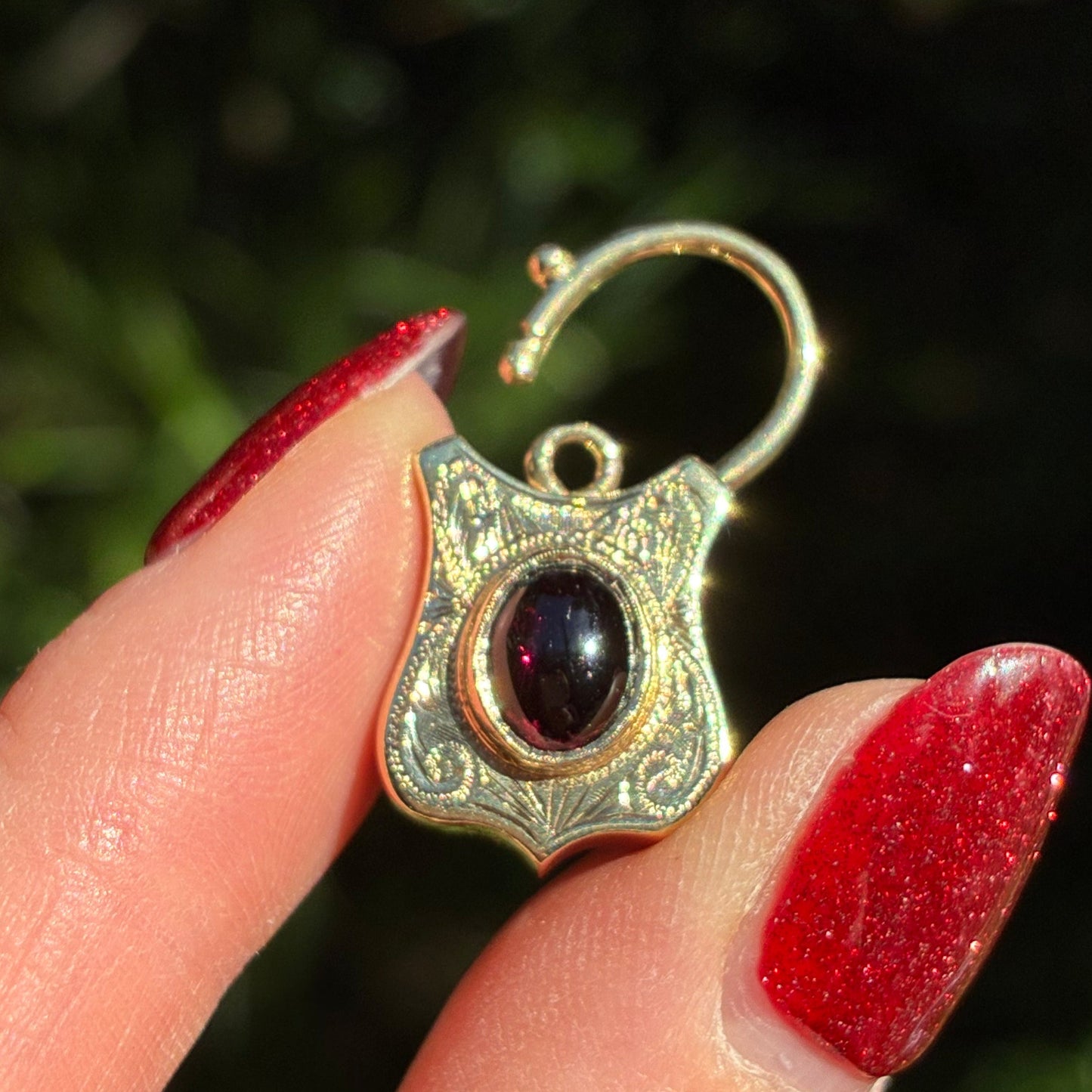 Antique RARE 9CT, hand engraved shield padlock with Garnet Cabochon