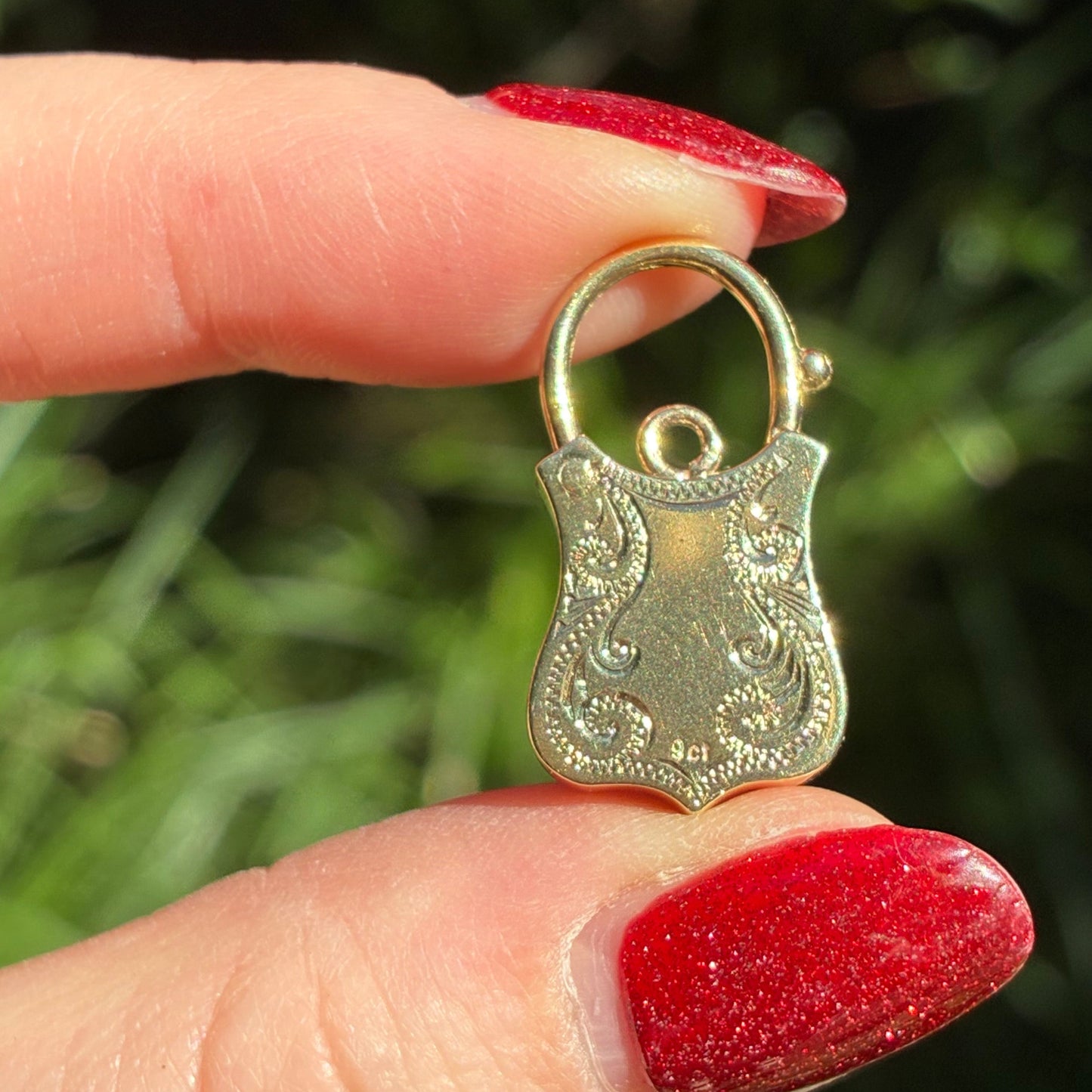 Antique RARE 9CT, hand engraved shield padlock with Garnet Cabochon
