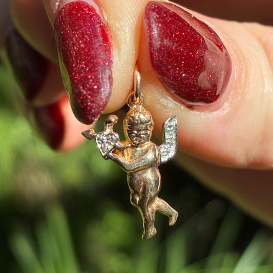 Vintage SOLID 9CT cherub charm with Diamonds