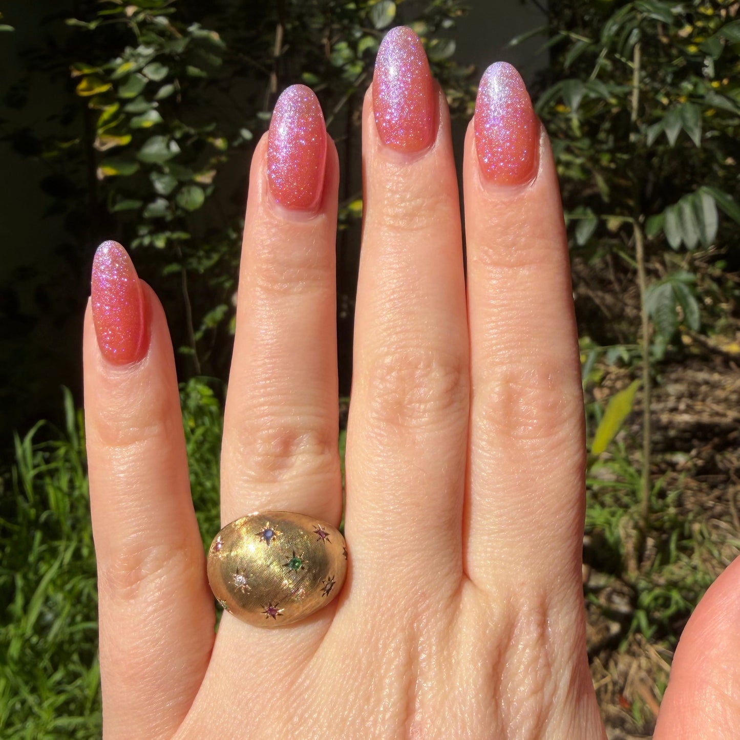 RARE Vintage 1970’s 14K Celestial Florentine bombe ring set with Natural Rubies, Sapphires, Emeralds and Diamonds