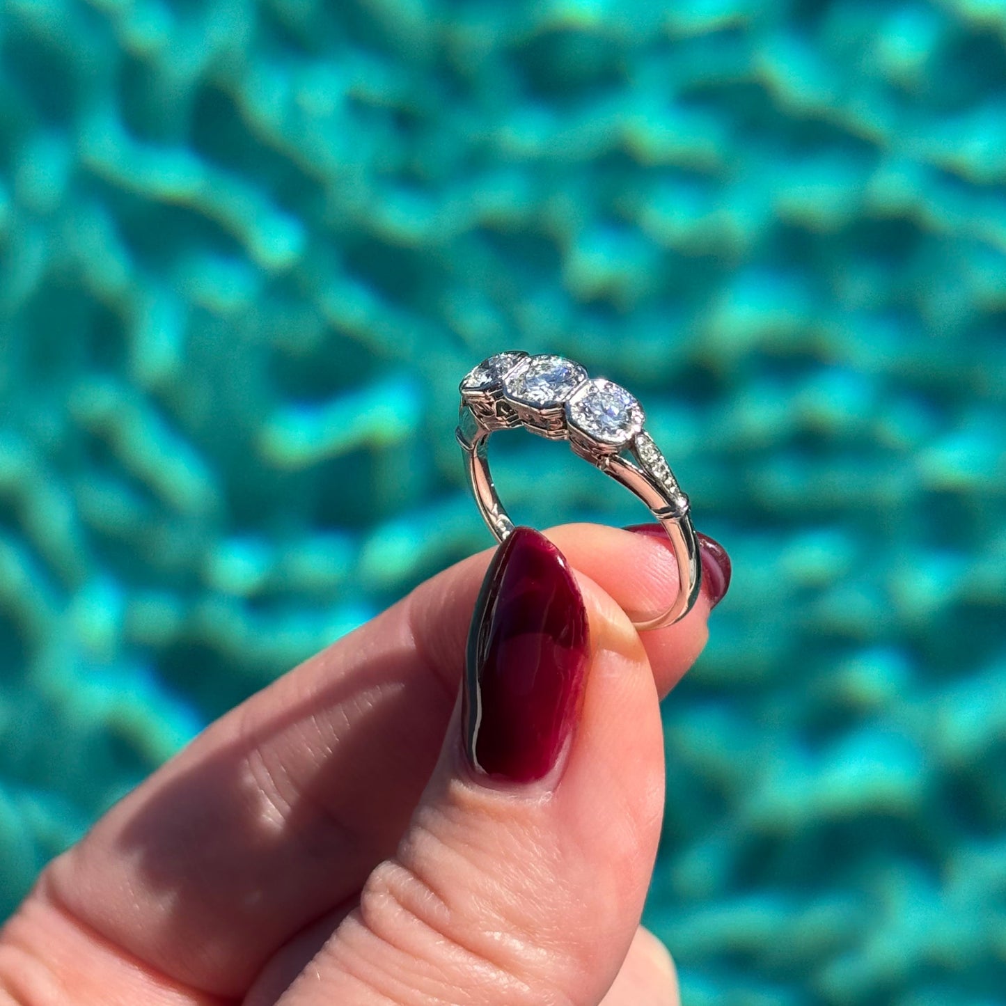 1920’s Art deco Platinum and three Diamond trilogy ring