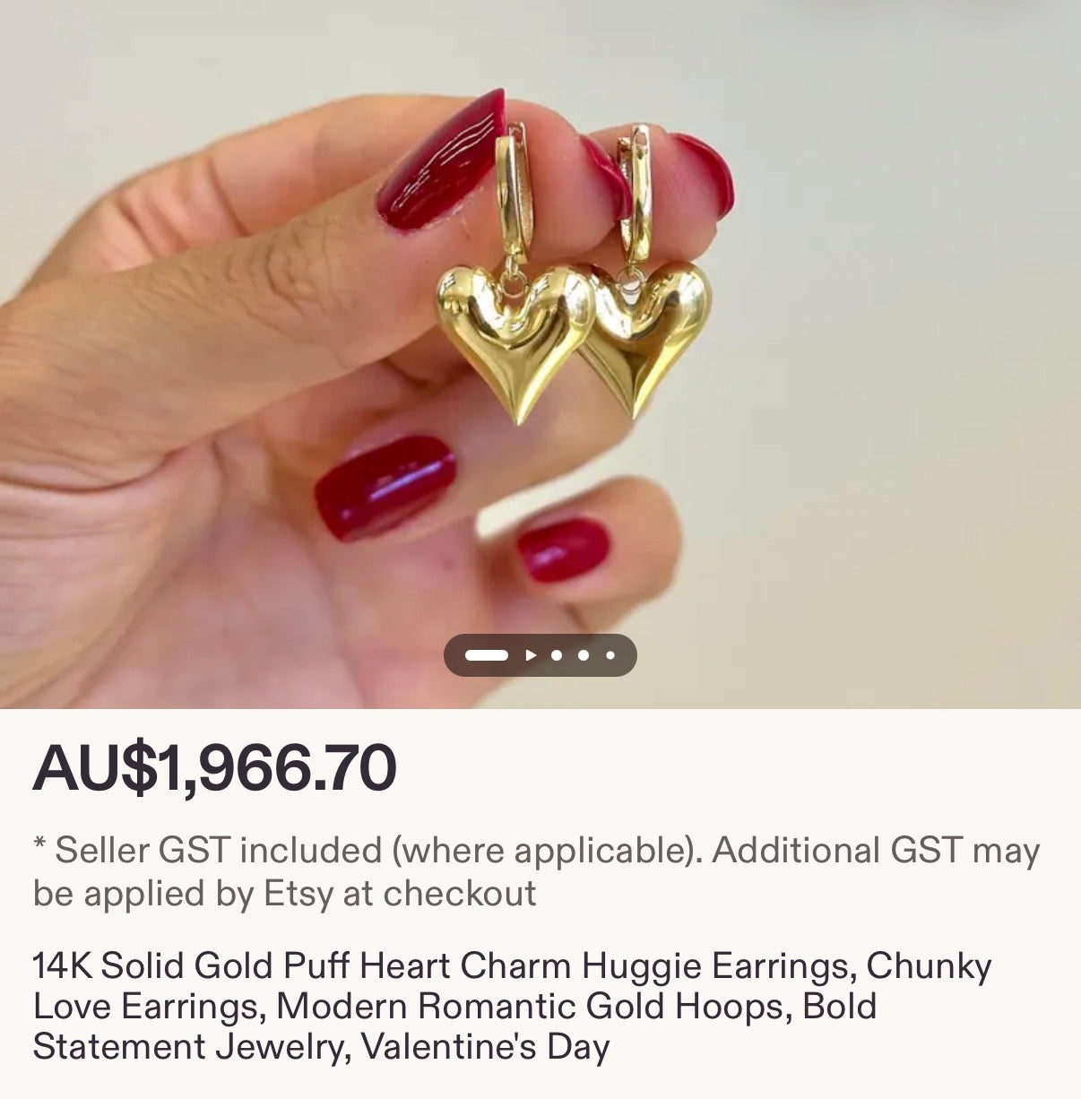 NEW 18CT dainty bailed dangling puffy heart earrings