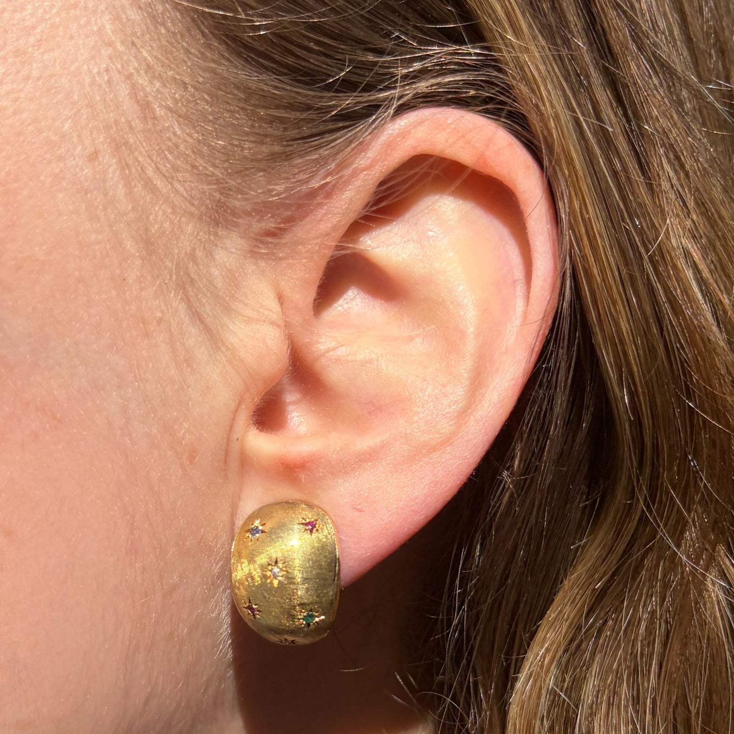 RARE Vintage 1970’s 14K Celestial Florentine bombe earrings set with Natural Rubies, Sapphires, Emeralds and Diamonds.