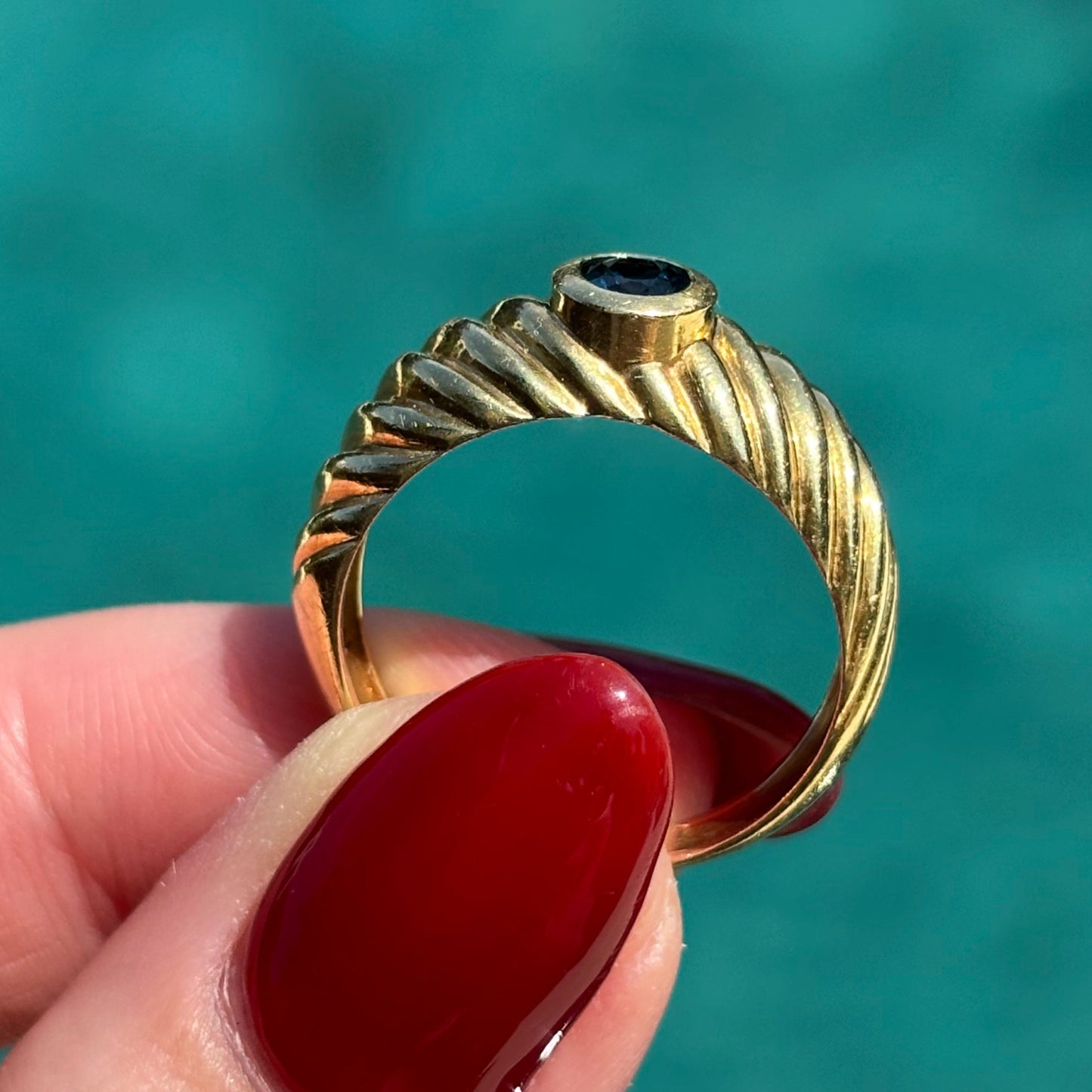 Vintage 18CT dome croissant band with Blue Tourmaline